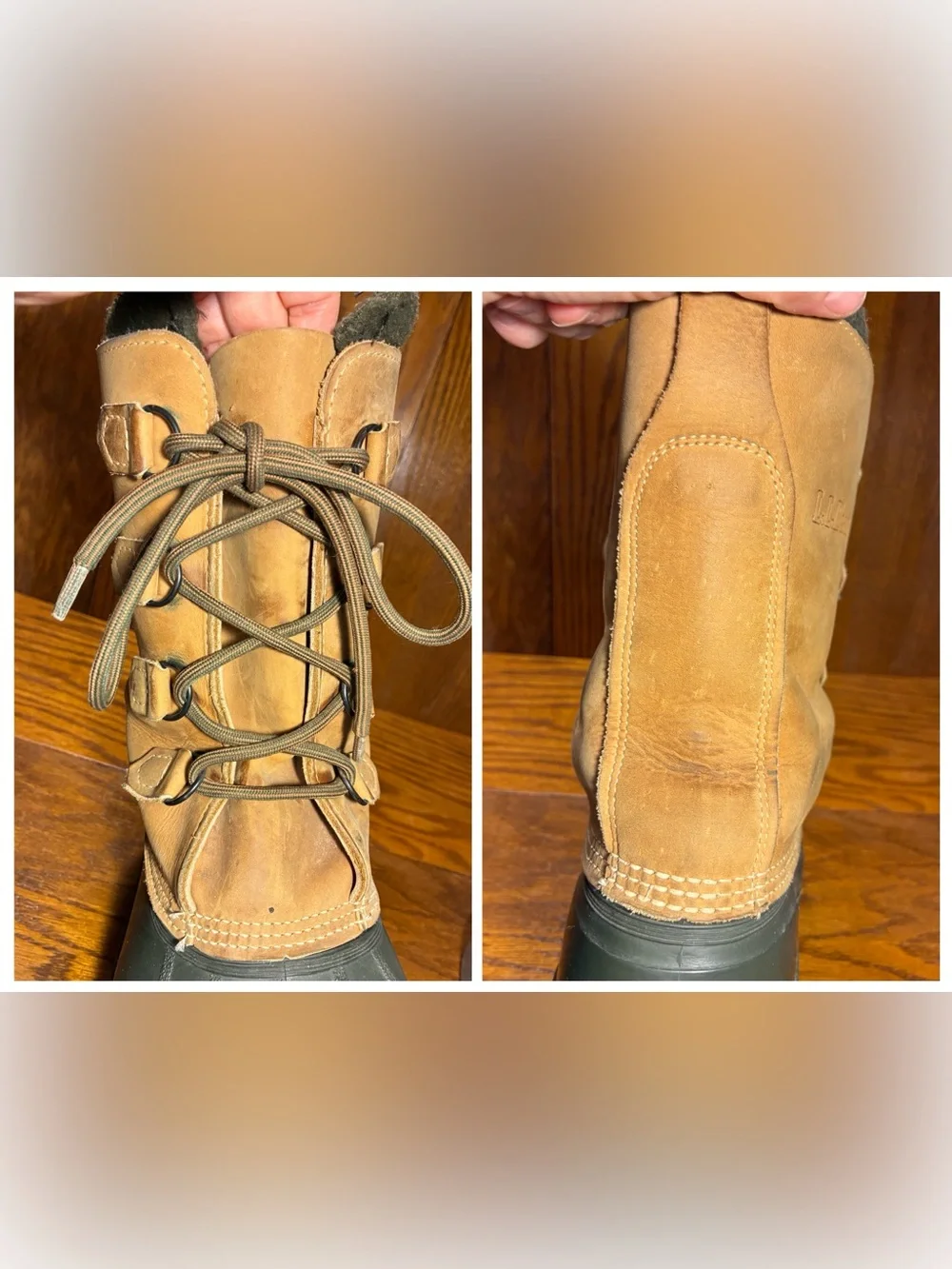 L.L. Bean Duck Snow Boots Removable Liners Brown Leather Green Rubber Men’s 11